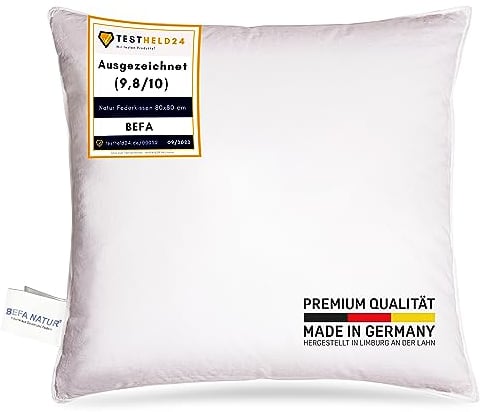 BEFA NATUR Made in Germany Federkissen 80x80 cm aus 100% Federn, Allergiker geeignet (Nomite), Öko-Text 100 Klasse 1 Zertifiziert, EN Standart 12934, Downpass