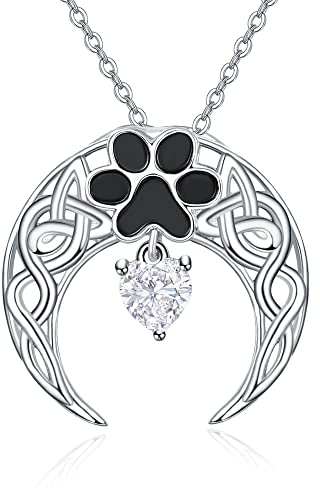 KINGWHYTE 925 Sterling Silber Hund Pfotenabdruck Kette Herz Anhänger Keltischer Knoten Mond Anhänger Halskette Schmuck Geschenk für Frauen Mädchen Tochter Mama