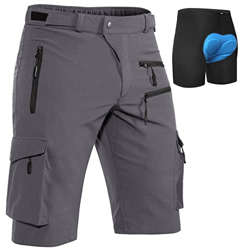Hiauspor MTB-Hose-Herren-Kurz-Radhose-Fahrradhose-Herren Schnelltrocknend Mountainbike Hose Atmungsaktiv Radlerhose Wanderhose Cargo Trekking Bermuda für Outdoor (Grau mit Unterwäsche, 2XL)