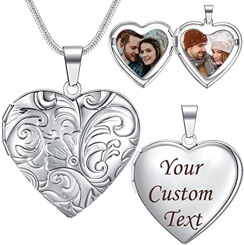 Farfume Personalisierte Foto-Medaillon-Halskette – Herz Medaillon mit Gravur Text und 2 Zwei Fotos – Kette mit Bild (Daisy-Silver)
