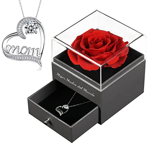 Miofula Rose Eternelle Cadeau Fete des Meres, Fleur Eternelle avec Bijoux Argent 925, Collier Femme Cadeau Anniversaire Maman, Coffret Cadeaux Femme, Meilleure Maman du Monde, Cadeau Fête des Mères