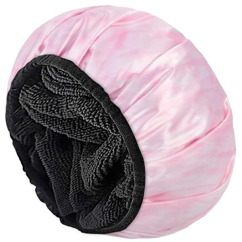 Aquior Shower Cap,Extra Large Triple Layer Bathing Cap with Dry Hair Function for Women Microfiber Terry Cloth Silky Satin 100% Waterproof Reusable Long Hair Bath Caps (Pink Cloud)