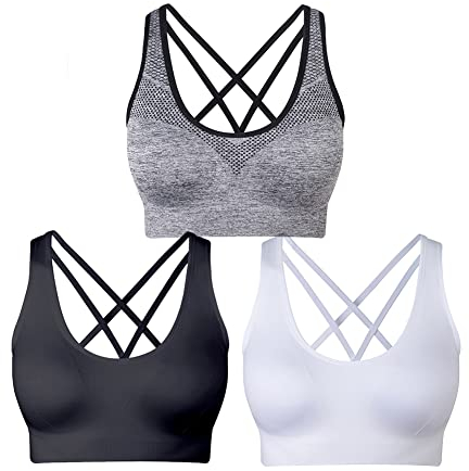 NAKQU Damen Sport BH Set Ohne Bügel Kreuz Rücken Yoga Bustier Gepolsterter 3er Pack, Schwarz, Weiß, Grau, L