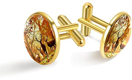 Personalisierte Gold Manschettenknöpfe für Smoking Shirt Jagd Hirsch im Herbst Wald Muster, 20mm*20mm, Edelstahl, Künstlicher Quarz