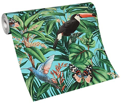 BRICOFLOR Bunte Tapete mit Tukan, Kolibri und Schmetterling | Grüne Vliestapete mit Dschungel Design | Tropen Tapete mit exotischen Vögeln ideal für Wohnzimmer | Rolle (10,05 x 0,53 m) = 5,33 m²
