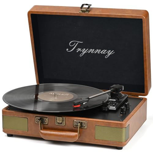Trynnay Plattenspieler Schallplattenspieler 3-Gang-Bluetooth, tragbarer Koffer-Vinyl-Player mit integrierten Lautsprechern, Plattenspieler, verbesserter Audio-Sound, PU-Leder Retro Brown