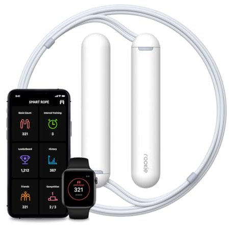 Tangram Smart Rope Rookie - Corda per saltare collegata all'app, per fitness e allenamenti, lunghezza regolabile, Bluetooth 4.0 abilitato, traccia calorie e salti (bianco/blu navy)