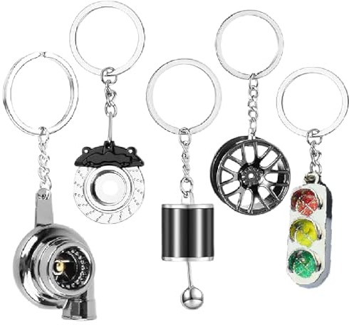 Cohentbliss 5 Stück Metall Schlüsselanhänger Auto Turbolader Schlüsselanhänger Schalthebel Schlüsselanhänger Geschenkidee Autodeko Zubehör für Mädchen Jungen