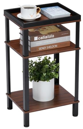 ZEXVIDA Beistelltisch Industrial Design, Nachttisch mit 3 Ebenen & Hohem Rand, Kleiner Sofatisch Holzoptik Dunkelbraun, Nachtschrank Stabil mit Metallgestell für Wohnzimmer & Schlafzimmer