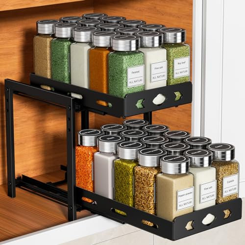 MAYZOLOP Gewürzregal Ausziehbar, 2 Etagen Höhenverstellbar Gewürzregal Schrank Küchen Organizer, Teleskopschublade, Gewurzregalsystem für Küchen Schrank, 19,2cm B x 27,5cm L x 23,2cm H