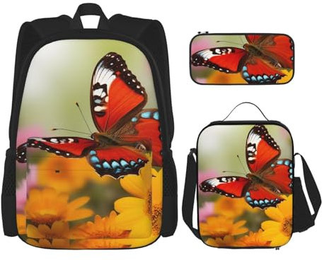 OUSIKA Spring Butterfly 3 Pcs Print Backpack Sets Casual Daypack with Lunch Box Pencil Case for Women Men
