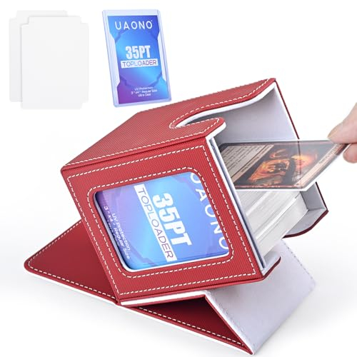 UAONO Magic Deck Box mit MTG Commander-Display, Patentiertes Deck Boxen für 100+ Karten, Sammelkarten-Aufbewahrungsboxen, Spielkarten Deck Case, mit 2 Trennwänden, 1 Toploader (Rot und weiß)
