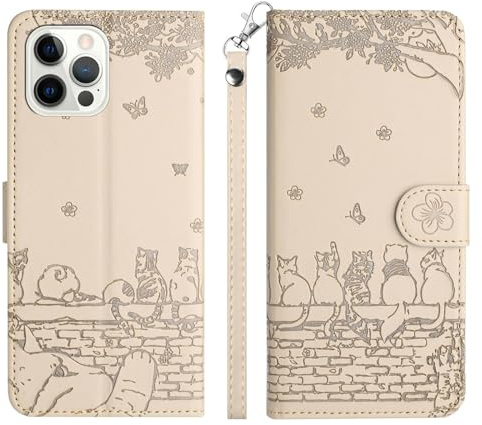 Case for iPhone 12 Pro Max Phone Case, Embossed Cute Cats on the Wall PU Leather Flip Case for iPhone 12promax with Card Holder and Magnetic Closure, Beige