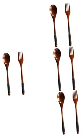 Cabilock 4 Piezas Cuchara y tenedor con mango de madera japonés cucharas de madera cucharas madera tenedores de acero inoxidable utensilios de madera para comer the kit de ensalada