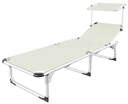 Lettino Pieghevole Con Tettuccio Parasole Prendisole 187 x 59 x 29 Cm Schienale Reclinabile Regolabile in 6 Posizioni Struttura In Alluminio Sedia Sdraio Per Spiaggia Mare Giardino Piscina (Beige)