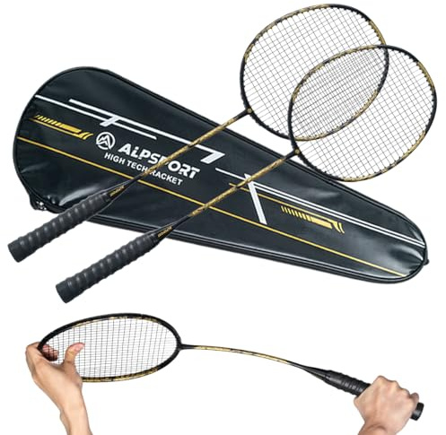 ALPSPORT SL Golden Dragon 4U G5 Graphit Professionelle Badmintonschläger Sets von 2 Stück, Vollcarbon Fiber Schläger mit 1 Ledertasche, 2 gebundenen Griffbändern, Padel Raket für Sporttraining