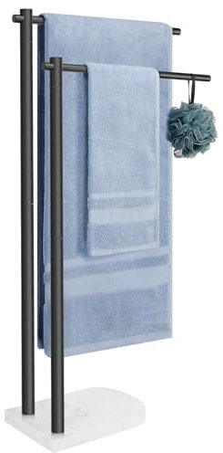Livabber Porte-serviettes sur pied, en acier inoxydable 304 à 2 niveaux avec base en marbre, moderne et élégant pour accessoires de salle de bain, piscine (noir)