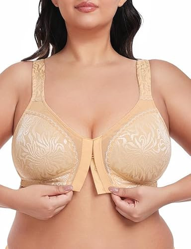 WingsLove Front Fastening Bras for Women Minimizer Wireless Non Padded Full Coverage Back Support Plus Size Bras (Dark Nude,42G)