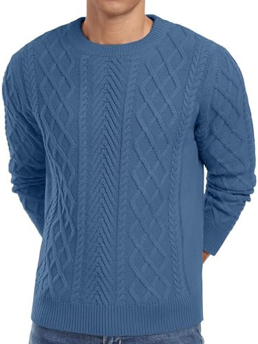 QIXING Men's Jumpers Fisherman Textured Cable Knit Crew Neck Jumper for Men UK Casual Long Sleeve Sweaters Soft Knitted Pullover Tops with Ribbed Edge(Blue, L)