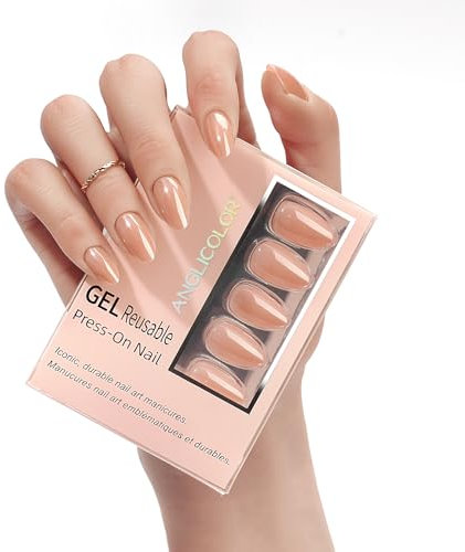 Anglicolor Nägel zum Aufkleben Mandel,Weiche Gel-Press-On-Nägel, mittlere Chromnägel, mit Nagelkleber, Nude-Klebernägel in 16 Größen – 32-Nagel-Set, Champagner glasiert (ACXN-9, 32 Stück)