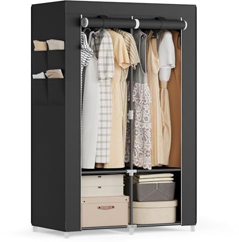 SONGMICS Guardaroba, Armadio Portatile, 2 Barre Appendiabiti, Ripiani, 4 Tasche Laterali, 45 x 86 x 167 cm, Grande Capienza per Camera da Letto, Soggiorno, Nero Inchiostro RYG091B01