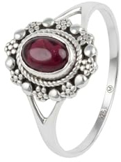 mantraroma Damen Granat Ring 925 Sterling Silber – Cabochon Edelstein Silberring mit tiefrotem Granat, Vintage Statement Ring eleganter Damenschmuck