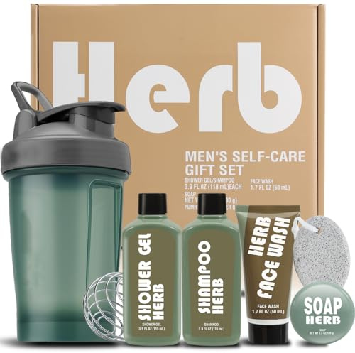 Bath and Body Gifts for Men, 6 PCS Mens Shower Gift Sets with Fresh Herbal Scent Body Wash Face Wash, Water Bottle & More, Unique Birthday Gifts for Him Fathers Day, V-Day