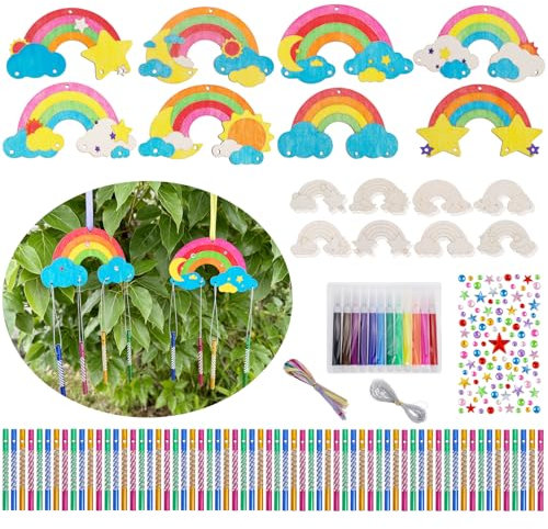 showll 16 Stück Bastelset für Kinder mit Regenbogen Klangspiel aus Holz zum Bemalen für Jungen und Mädchen ideal für Kindergeburtstage und kreative Bastelstunden