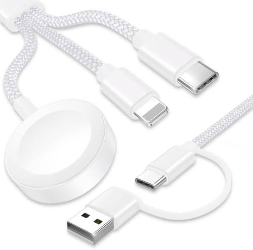 TOP-UP Cable de carga 3 en 2 para Apple Watch y iPhone, cable de carga rápida USB-C de 120 cm, nylon trenzado, dual USB-A y USB-C, compatible con iWatch SE/8/7/6 y iPhone 15, 14, 13, 12, blanco, cable