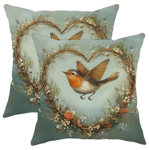 Rustikale niedliche Rotkehlchen-Kissenbezüge, weich, bequem, lustig, Vintage-Stil, Bauernhaus-Kissenbezüge, Vogel, Samt, dekorativ für Couch, Sofa, Wohnzimmer, Bett, 40,6 x 40,6 cm, 2 Stück