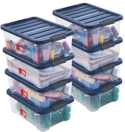 Sundis Wave Box, 8er-set Aufbewahrungsboxen mit deckel, 10L, mit clips, transparentem Kunststoff, stapelbar, ideal für das Schlafzimmer, den begehbaren Kleiderschrank, Schuhe, das Büro, Heimwerken