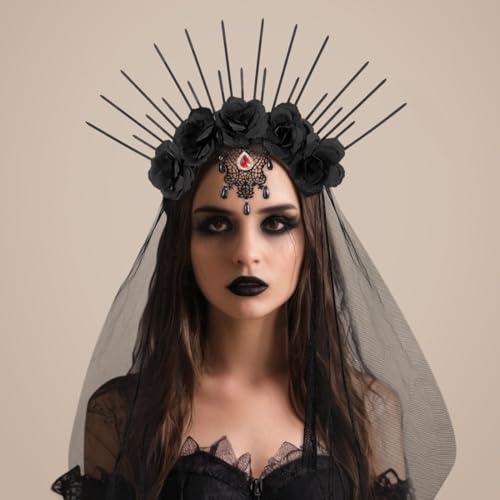JUSTUSNX Halloween-Stirnband, Blumen-Haarschmuck, Gothic-Krone, Brautschleier, Halloween-Party, Kopfbedeckung, Kleidung für Damen und Frauen (Schleier-Stirnband)