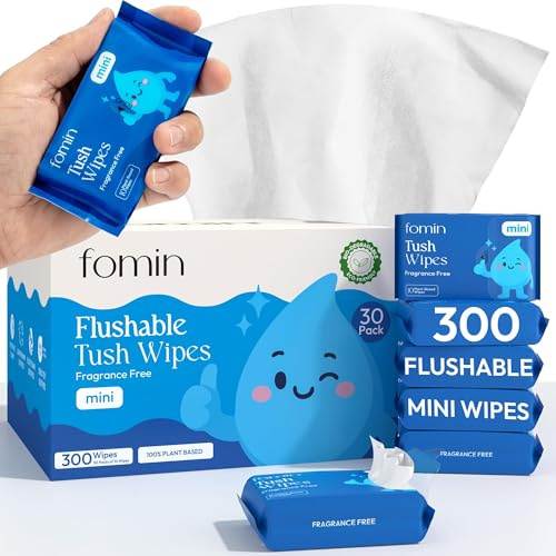 Fomin Flushable Tush Wipes 30 Pack (10 Count) – Unscented Flushable Wet Wipes for Adults – pH Balanced, Biodegradable Cleaning Wipes – Hypoallergenic, Plant Based Travel size Wipe