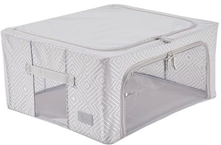Periea ‘Beau’ Folding Collapsible Stackable Fabric Home Storage Boxes with Steel Frames (Metallic Grey, Medium)