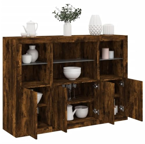 QZZCED Sideboard mit LED-Licht, 3 Teile, Holz, rauchige Eiche, moderne Anrichte mit LED-Lichtern und geräumigem Stauraum für Wohnzimmer