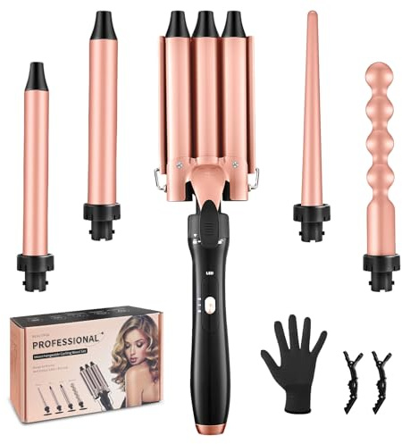 Flintronic Curling Wand, 5 in 1 Curling Tongs, 3 Barrels Curling Iron,Professional Styler Ceramic Hair Curler with Heat-Resistant Glove, Adjustable Temperature for Short & Long Hair
