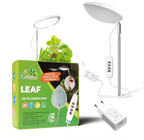 Bio Green LED Vollspektrum Pflanzenlampe LEAF | dimmbar & mit Zeitschaltuhr | Pflanzenleuchte mit Erdspieß & Fuß | Höhenverstellbar | Grow Light für Zimmerpflanzen