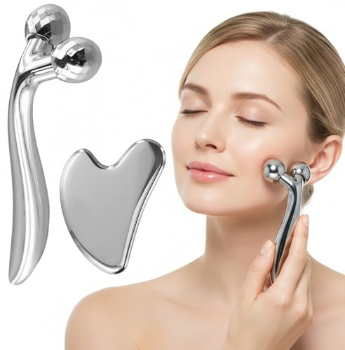 Edelstahl Gua Sha und ABS Facial Roller, 3D-Gesichtsmassagegerät, 2 in 1 Massage-Kit für Gesichts- und Körperpflege, 3D Gesichtsroller für Anti-Falten und Muskelentspannung