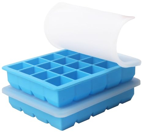 Radiella Pack de 2 Moldes de Cubitos de Hielo de Silicona con Tapa, Porciones de 15ml, 20 Compartimentos, Contenedores para Congelador, Cubiteras de 2,5 Cm, Molde de Silicona para Congelar