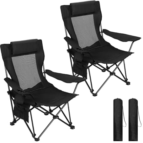 WOLTU Campingstuhl Faltbar 2 Set, mit Getränkehalter und Seitentasche | Angelstuhl mit Abnehmbarer Kopfstütze, bis 150 kg Belastbar, für Angeln Picknick und Garten, Schwarz