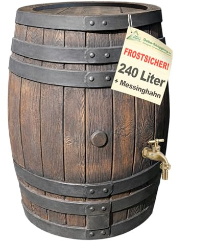 REGENTONNE REGENFASS Wasserfass Regenbehälter Gartenfass Wassertonne EICHENFASS Messinghahn Messing-Wasserhahn Holz-Optik (240, Liter, 240L Eichenfass+Messinghahn)