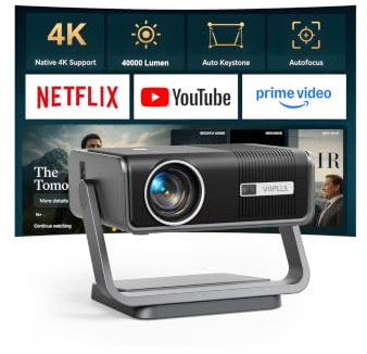 Smart Beamer 4K【Netflix-Fähig & Dolby Audio】 Auto Fokus/6D Trapezkorrektur Beamer Full HD 1080P, VOPLLS WiFi6 Bluetooth 4K Video Handy Projektor Heimkino/Outdoor für PS5 【Upgrade Version 】