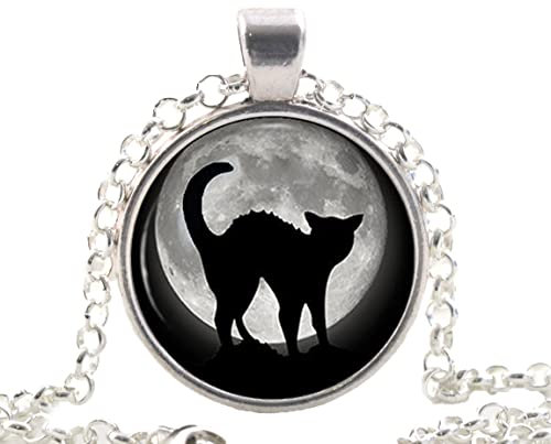 Silver Black Cat in Full Moon Necklace Pendant, Halloween Jewellery Gift for Girls