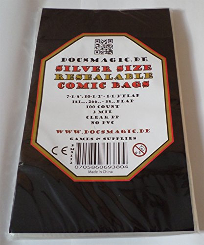 docsmagic.de 100 Resealable Silver Size Comic Book Bags 7-1/8x 10-1/2+ 1-1/2Flap- 2 Mil