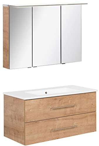 FACKELMANN Natur Badmöbel Set B.Perfekt 2-TLG. mit Waschtisch Unterschrank inkl. Keramikbecken hängend 100 cm & LED Spiegelschrank