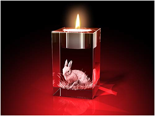 GLASFOTO.COM, Häschen Teelicht, 50 x 80 x 50 mm, Kristallglas 3D Innengravur in Premiumqualität