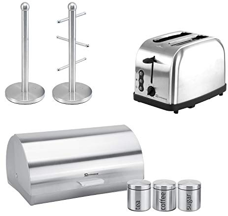 SQ Professional Gems Matching Set: Bread Bin & Canisters + Toaster + Mug Tree & Kitchen Roll Holder Set (Quartz)