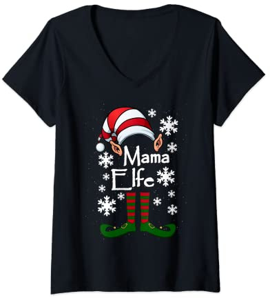 Damen Elfen Mama - Mutter Elfe Weihnachten Ugly Christmas T-Shirt mit V-Ausschnitt
