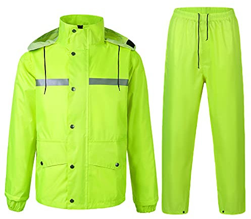 Yukirtiq Erwachsenen Regenanzug Wasserdichten Anzug mit Reflexstreifen Regenjacke mit Kapuze und Regenhose Atmungsaktiv Regenbekleidung, Grün, L