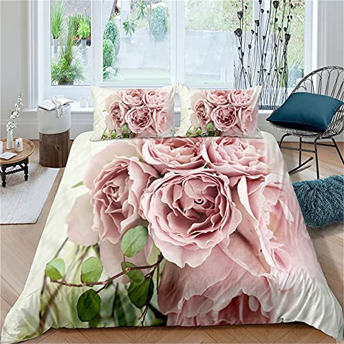 FANSU 3d Rose Duvet Cover with Pillow Case, Easy Care Duvet Cover Set for Double Single Super King Size, Polyester Bedding Set With Duvet Cover for Kids Boys Girls (Pink rose,135x200cm)